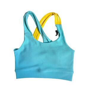 NWT Move Theology Triple Strap Ribbed Sports Bra (Aqua & Yellow) - XS